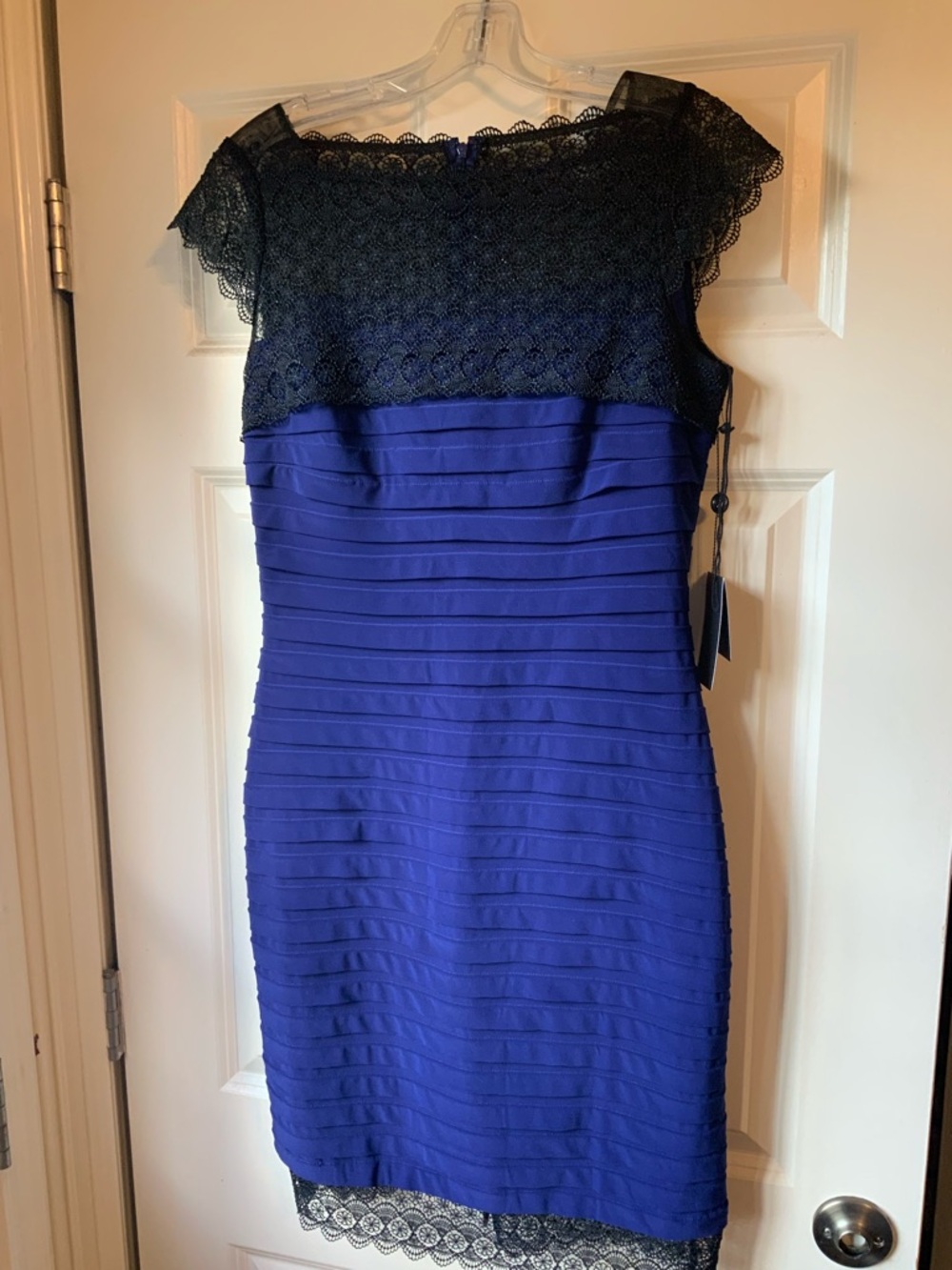 Adrianna Papell Cobalt Blue Body with Black Lace Yoke Midi Dress New with Tags
